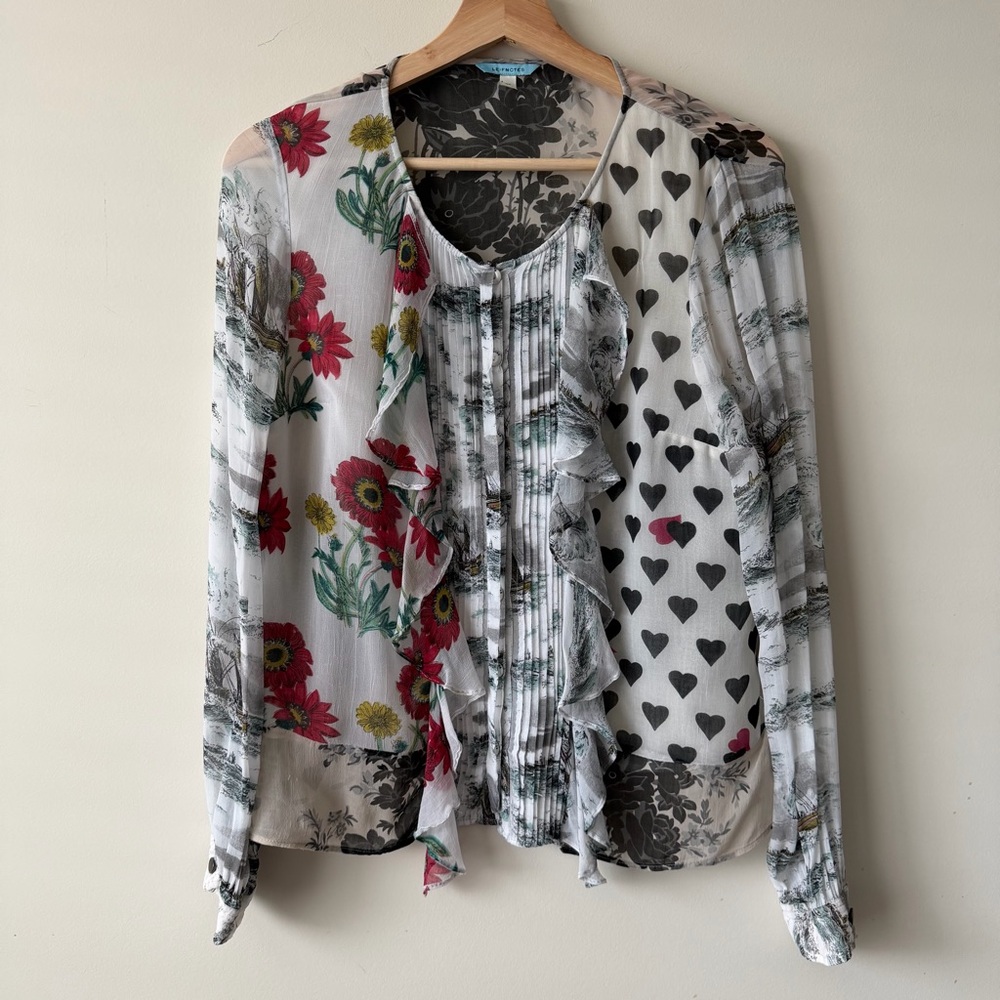 Mixed Print Ruffle Front Blouse - White with Red Floral & Black Hearts